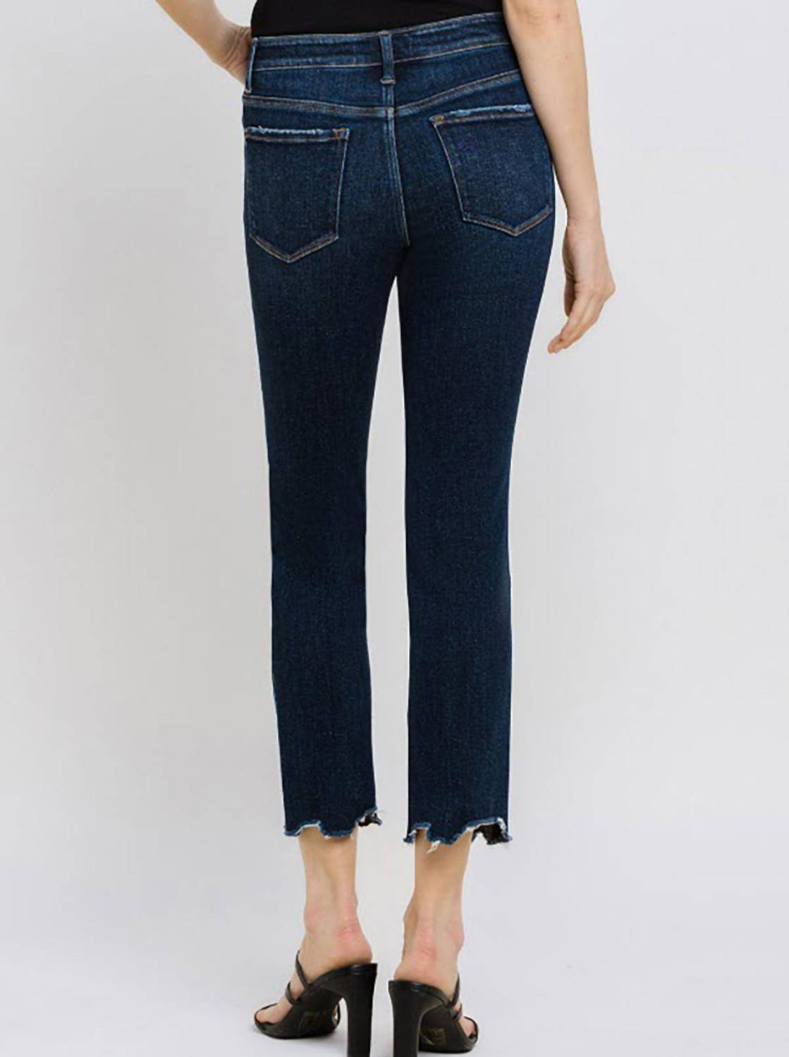 VERVET BY FLYING MONKEY Women's Mid-rise Slim Straight Raw Hem Crop Jeans in dark blue - women's jeans - detail view