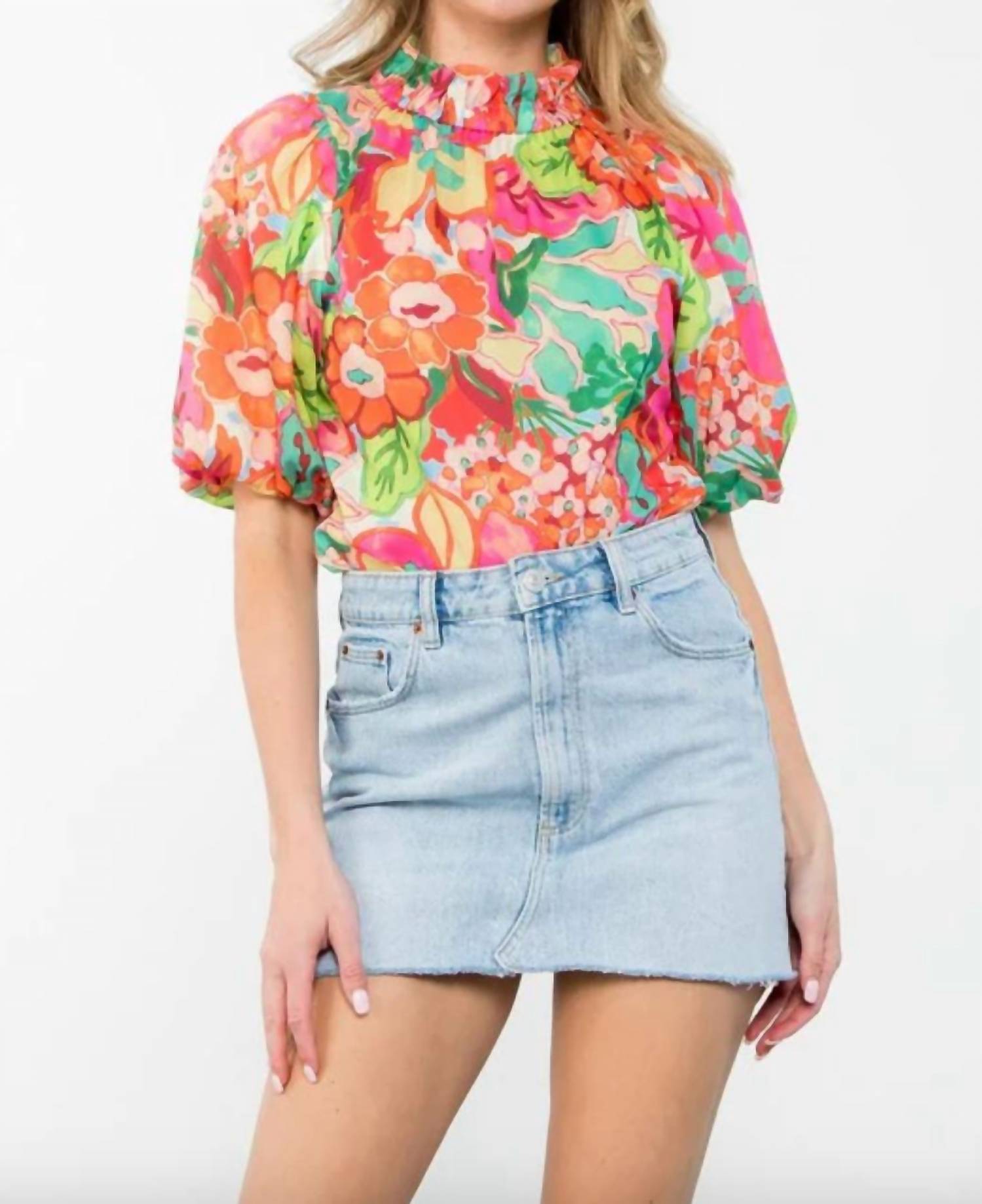 THML Puff Sleeve Floral Print Top in coral - women's blouse
