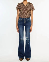 Kancan - Mid Rise Button Up Distressed Flare Jeans