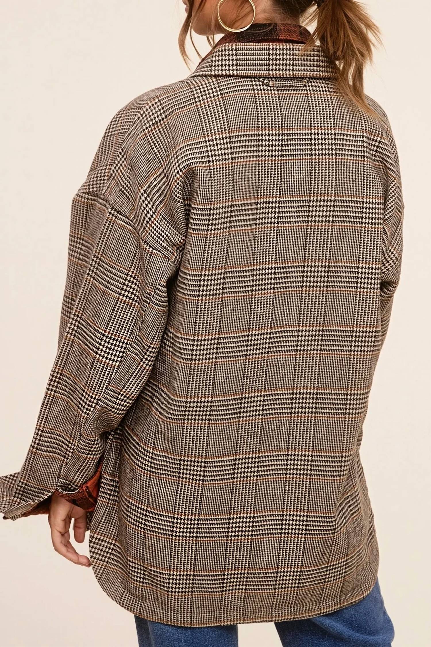 La Miel - Classic Button Down Plaid Jacket with Side Pockets