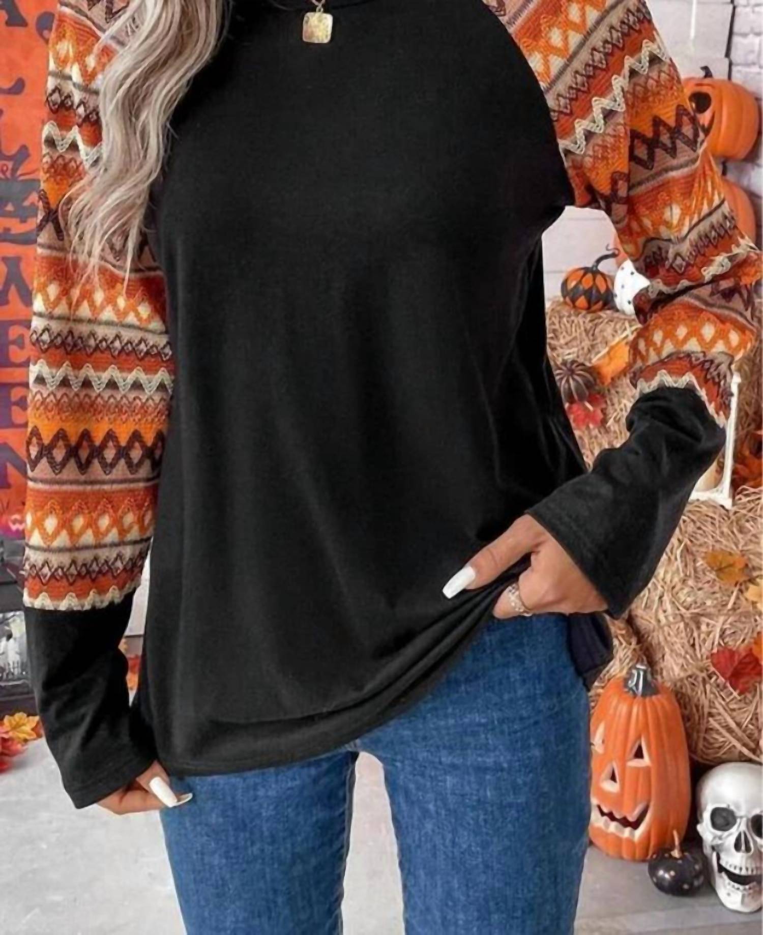 Lovesoft - Print Raglan Patchwork Long Sleeve Top
