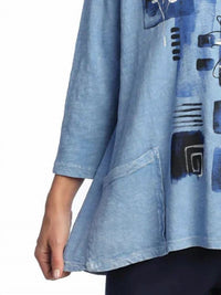 Jess & Jane Lily Mineral Washed Patch Pocket Cotton Top in blue - women's blouse - detail view