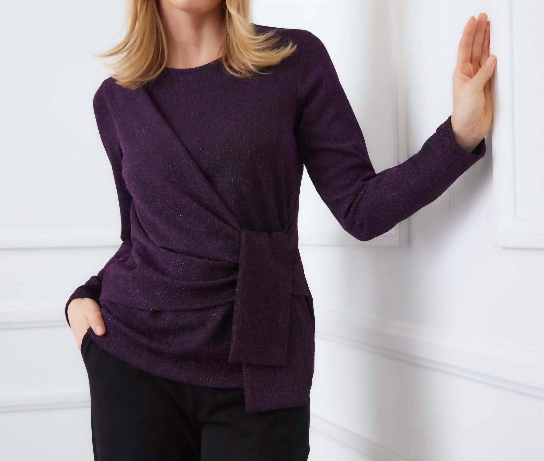 Karen Kane Long Sleeve Metallic Knit Side-tie Top - Petite in eggplant - women's long sleeve top - view 5
