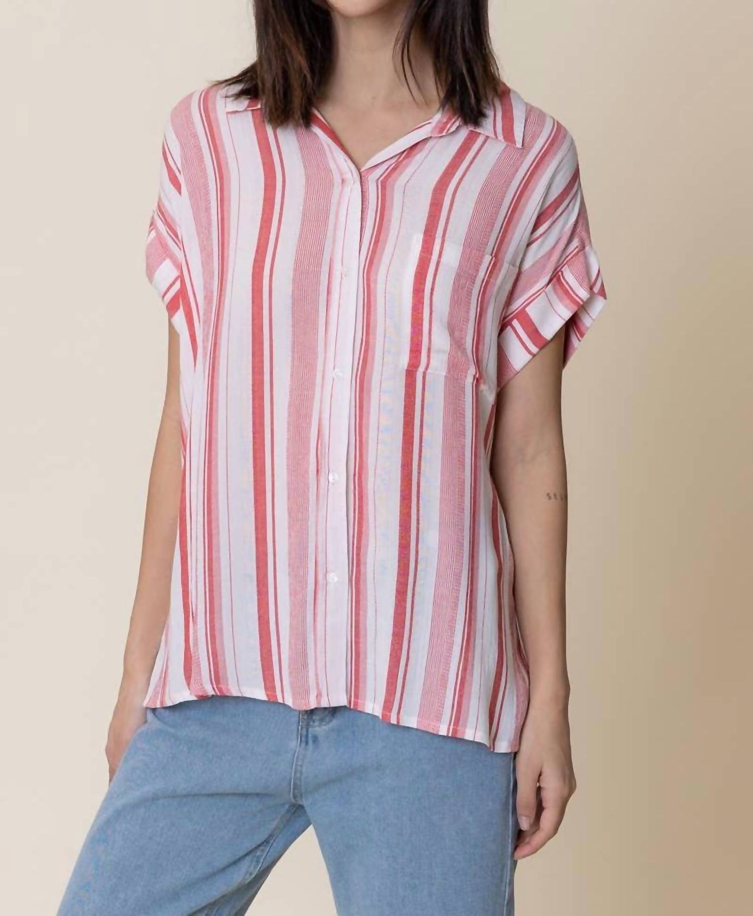 En Creme - Striped Short Sleeve Button Down Top