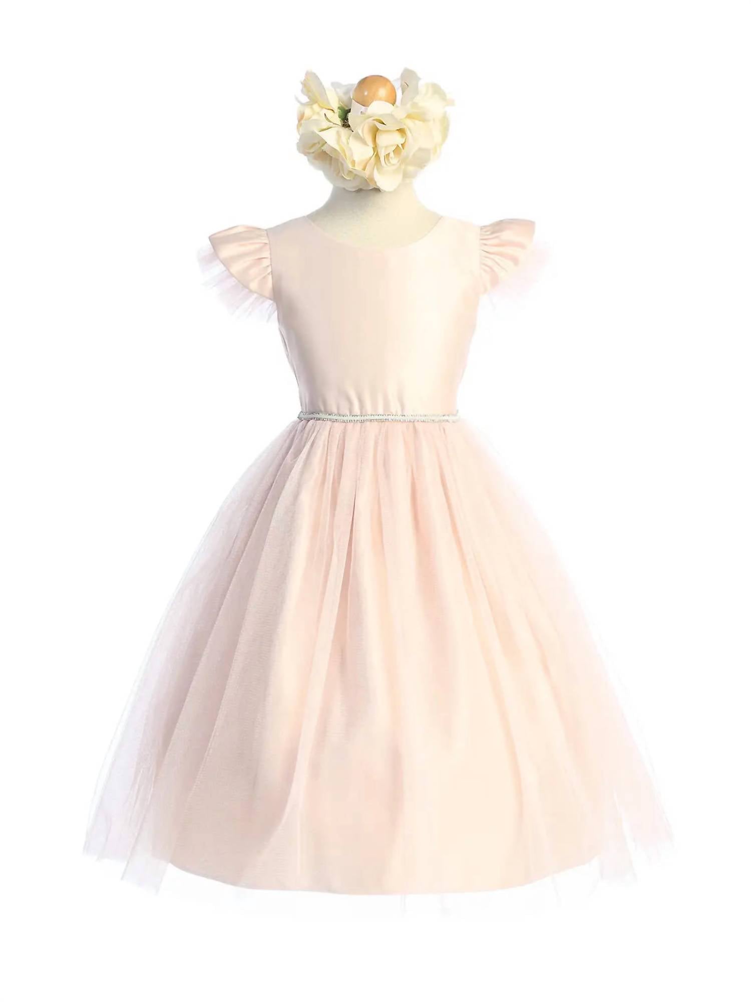 Sweet Kids - Shiny Crystal Tulle Flutter Sleeves Satin Dress