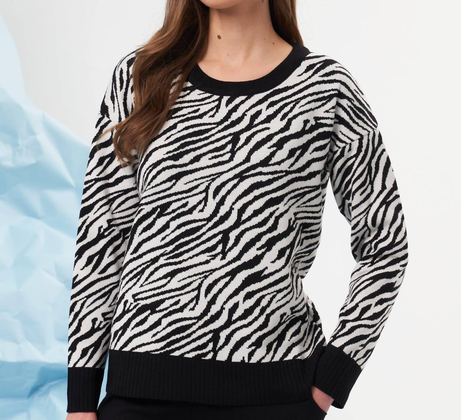 french kyss Zebra Print Scoop Neck Top in black white - women's long sleeve top