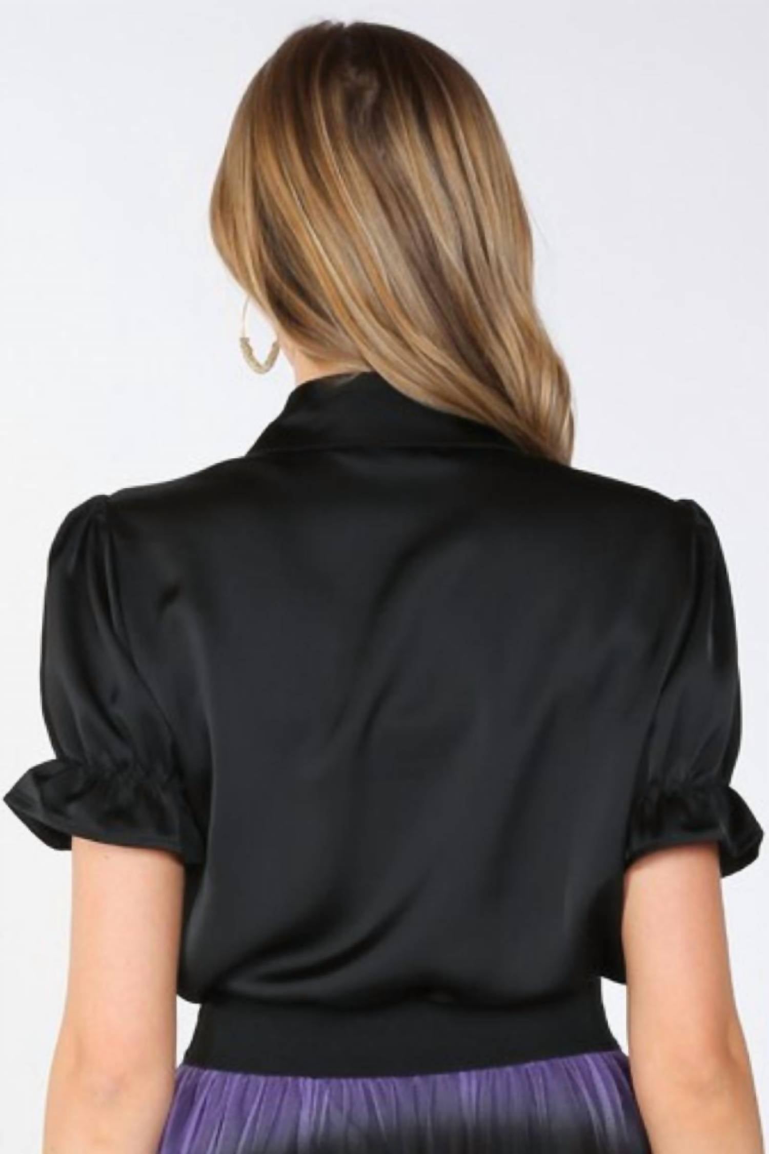Beulahstyle - Desiree Ruffle & Rose Accent Satin Blouse