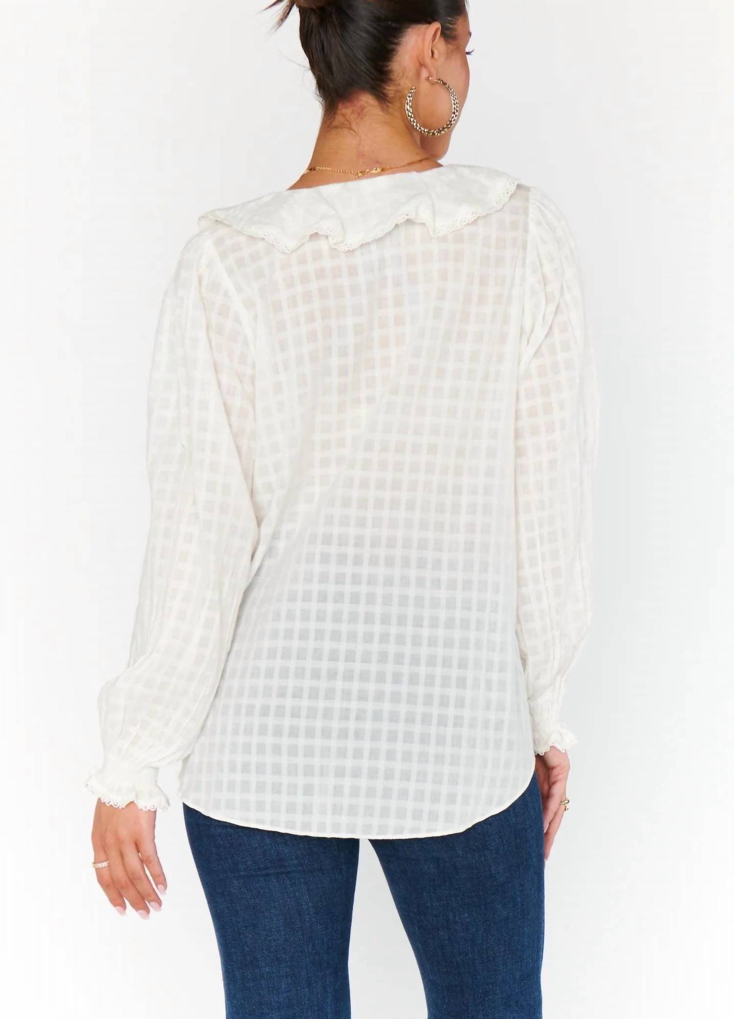 Show Me Your Mumu Lydia Ruffle Top in white cotton voile - women's long sleeve top - detail view