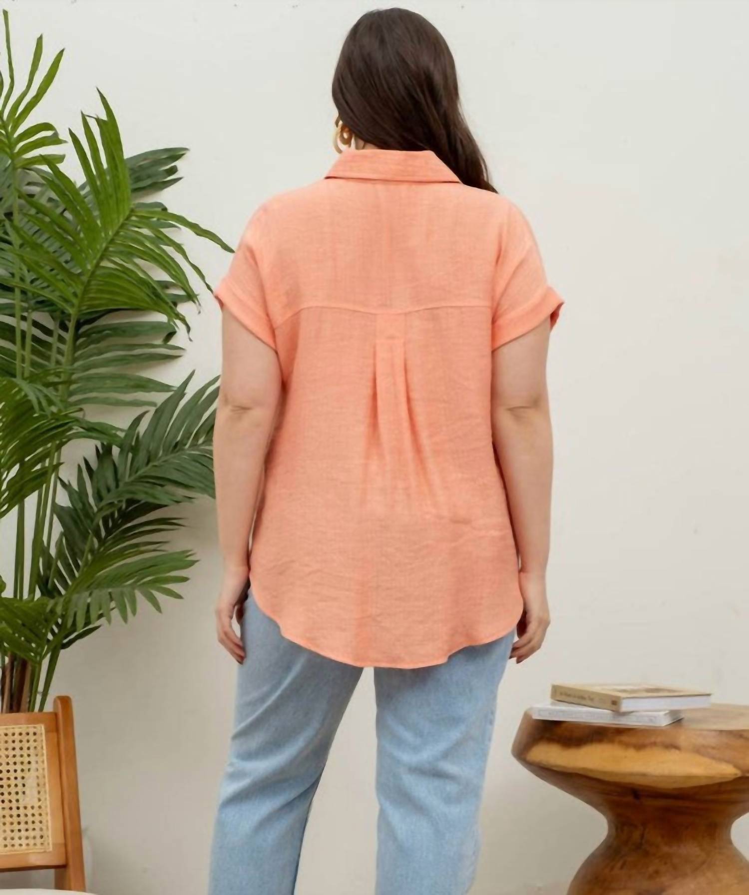 Perch By Blu Pepper - Collared Crinkled Cuff Sleeve Shirt - Plus