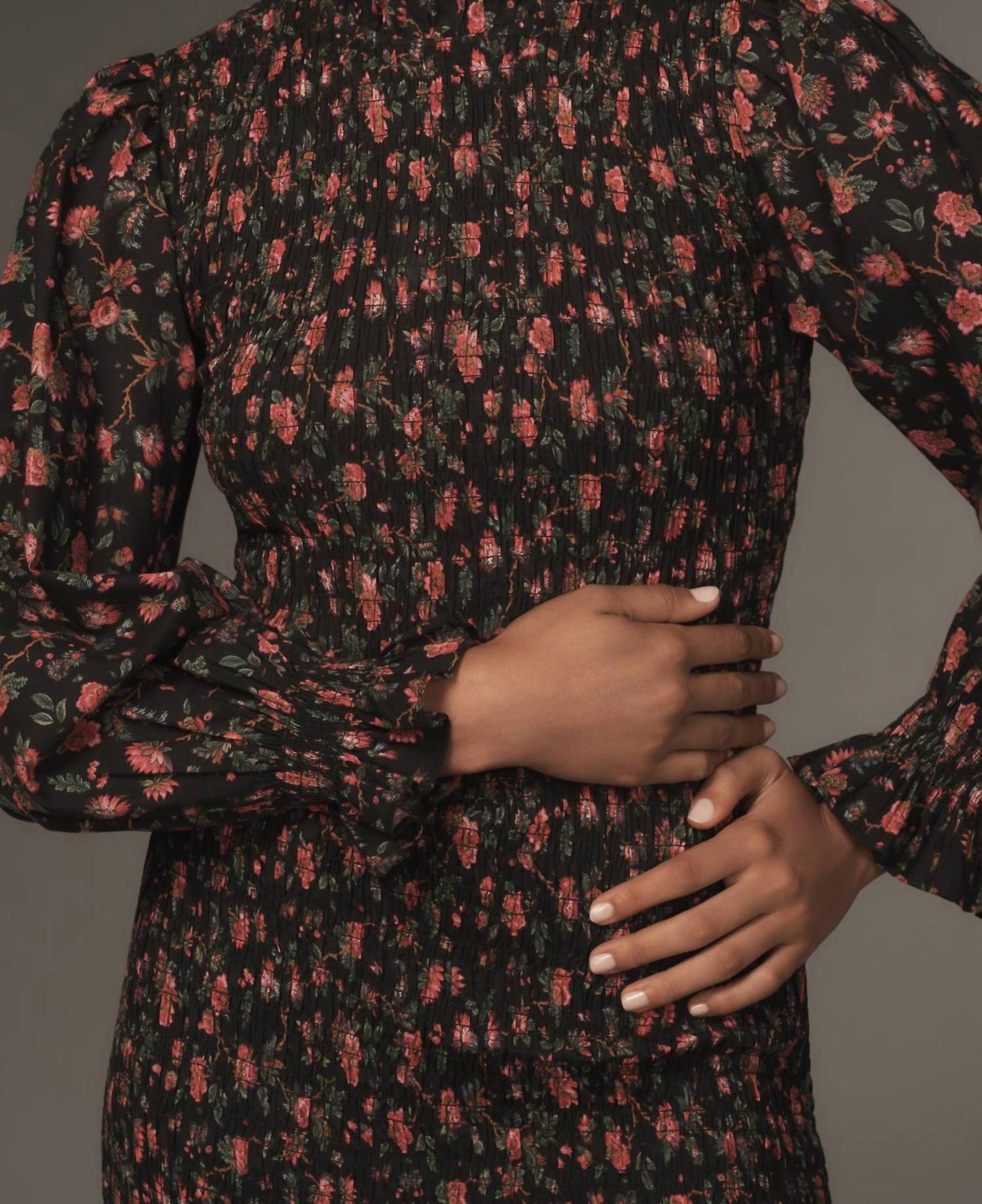 RHODE Women's Eliza Smocked Midi Dress in ink morlaix fleur - women's dress - view 4