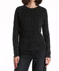 Minnie Rose - Cotton Stone Wash Distressed Cable Crew Top
