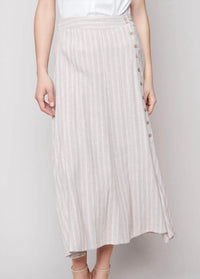 Charlie B - Printed Long Striped Linen Skirt With Coconut Buttons