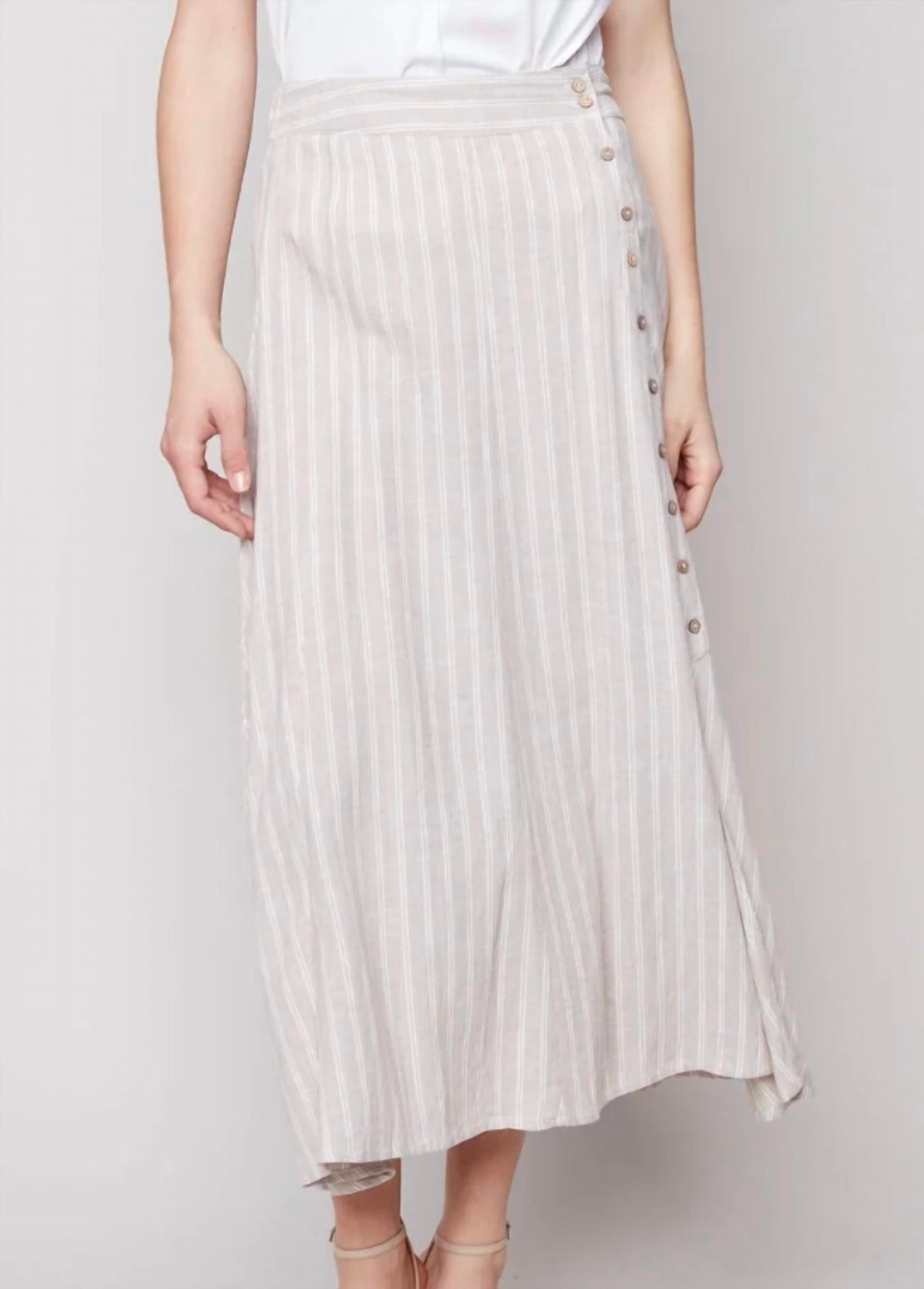 Charlie B - Printed Long Striped Linen Skirt With Coconut Buttons