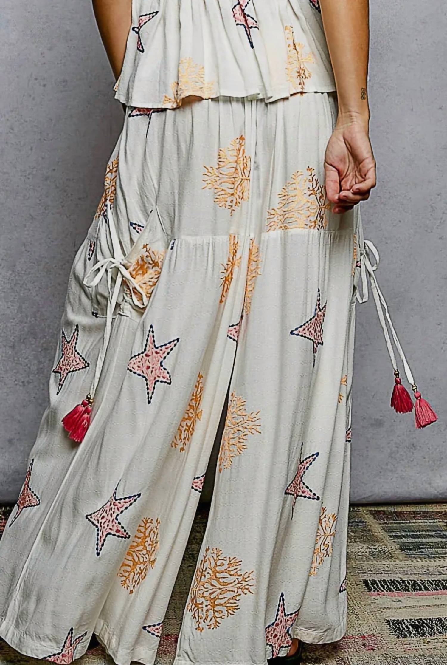 POL Star Embroidery Tassel Pocket Wide Leg Pants in ivory - women's pants - detail view