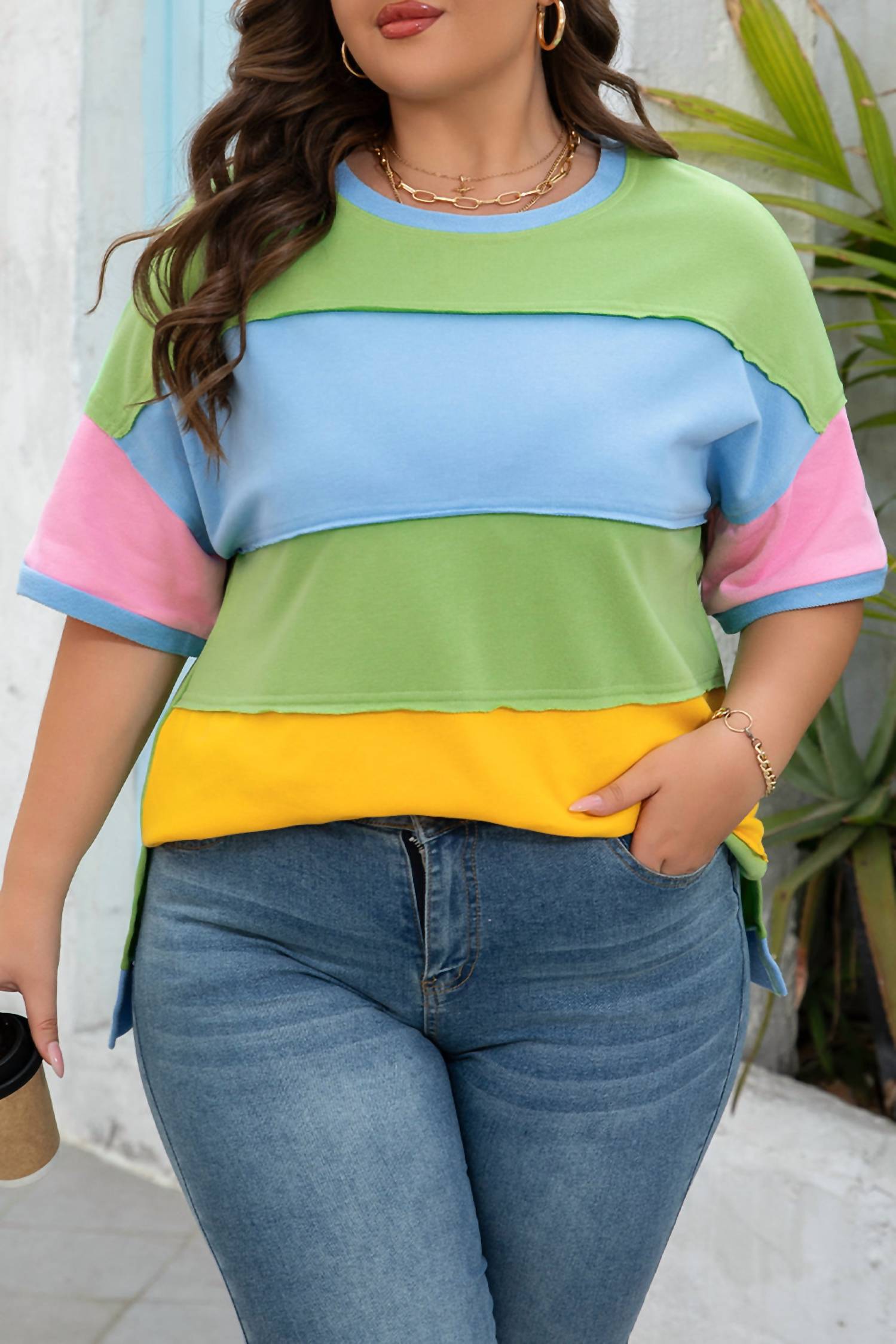 Dear Lover - Color Block Exposed Seam Patchwork T Shirt - Plus