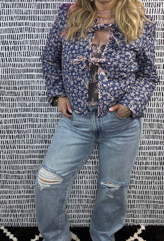 Listicle - Floral Front Tie Quilted Jacket