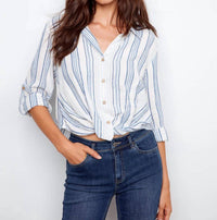 Charlie B - Striped Linen Blend Shirt With Front Twist