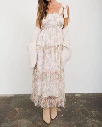 Blu Pepper - Floral Chiffon Tie Strap Ruffled Tiered Midi Dress