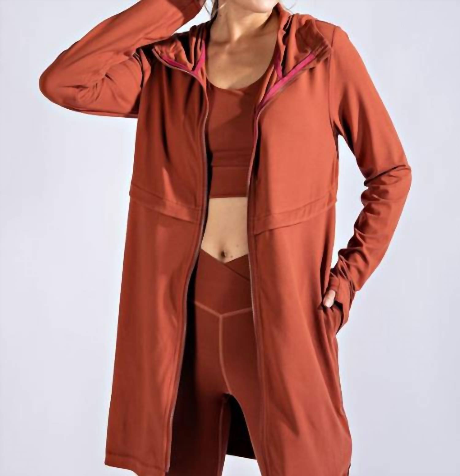 RAE MODE Long Hooded Active Jacket in dark terracotta - women's jacket - view 5