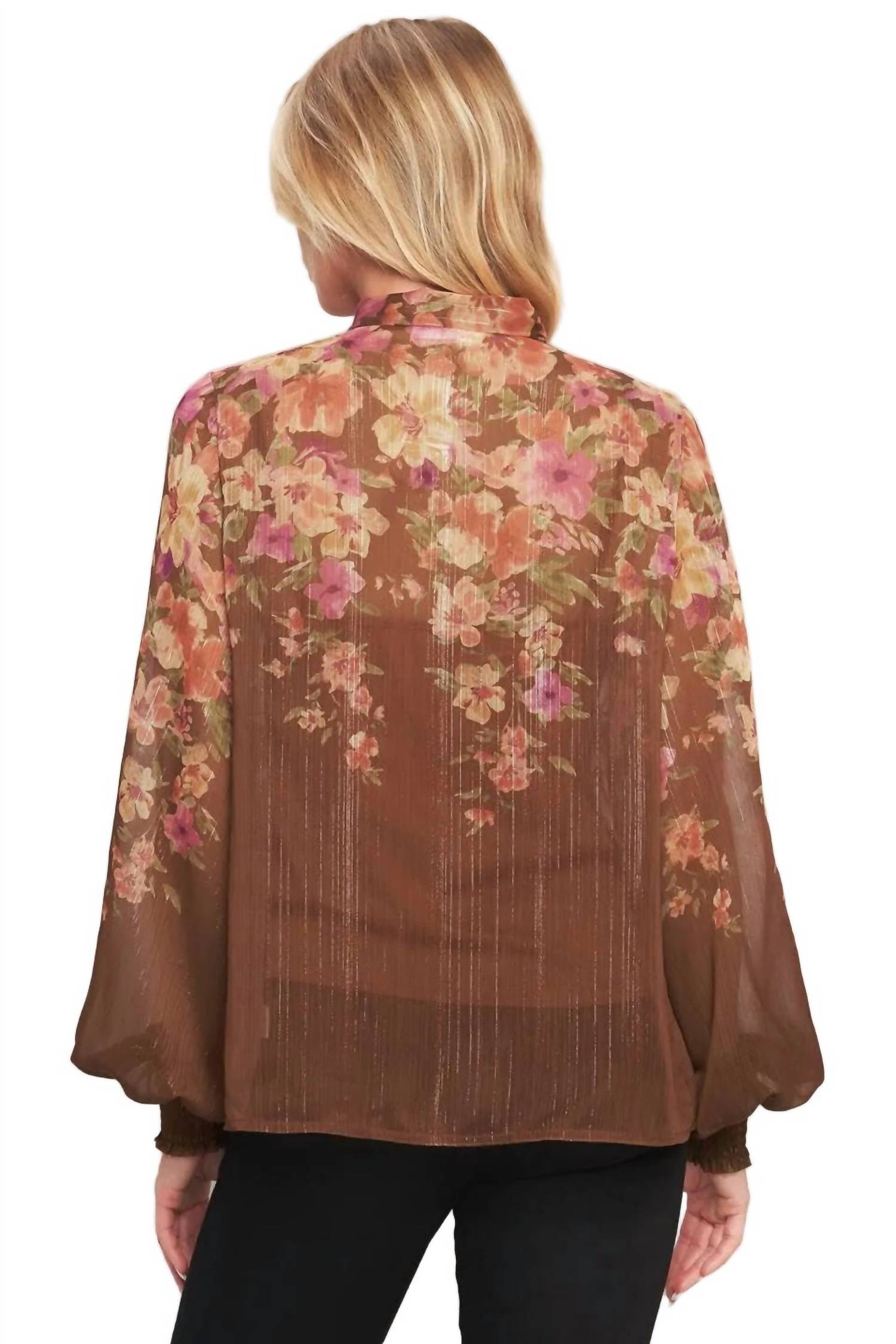 Flying Tomato - Floral Tie Neck Blouse