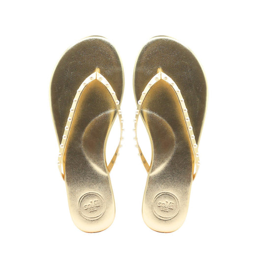 Solei Sea - Women's Indie Solid Metallic Gold With Pearls Flip-flop