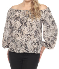 Joseph Ribkoff Snakeskin Print Off-shoulder Top in beige multi - women's blouse - detail view