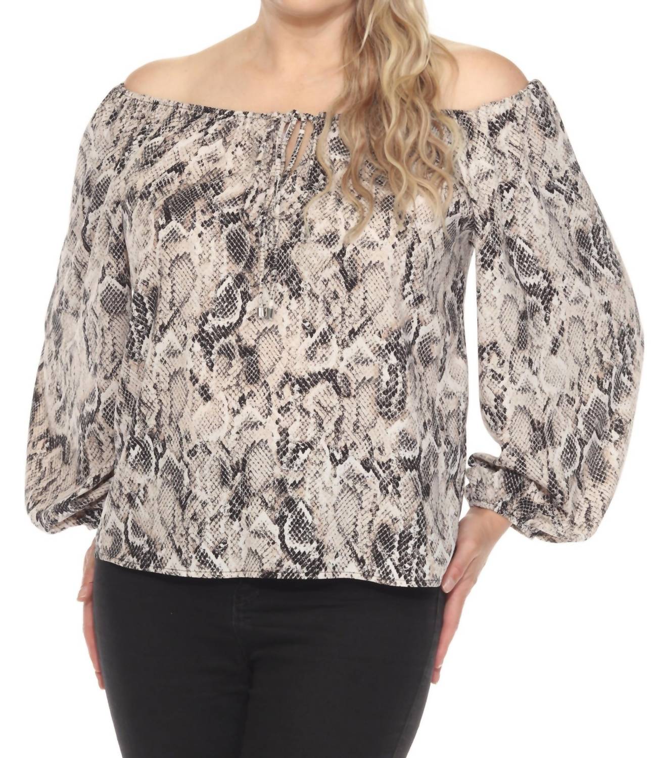 Joseph Ribkoff Snakeskin Print Off-shoulder Top in beige multi - women's blouse - detail view