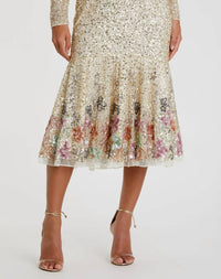 Mac Duggal - Faux Wrap Long Sleeve Tea Length Sequin Dress