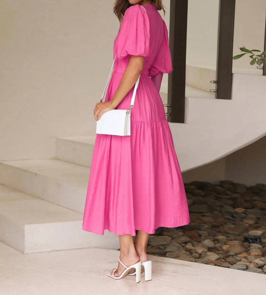 Trendsi - V-neck Puff Sleeve Midi Dress