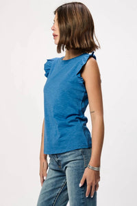 Another Love North Ruffle Trimmed Sleeve Slub Tank in starry night - women's blouse - detail view