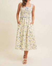 In February - Lovely Floral Smocked Midi Dress With Bow