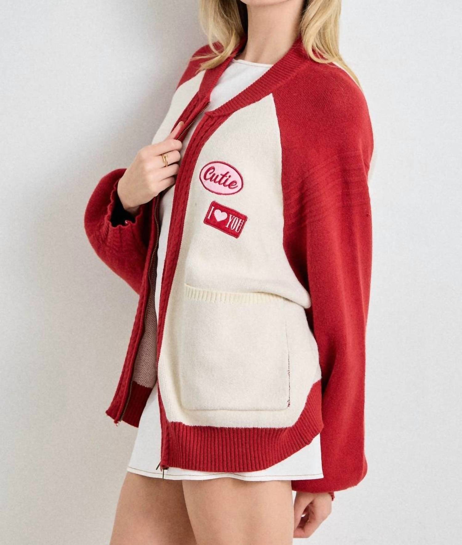 Baevely by Wellmade Cutie Patch Zip-Up Knit Sweater in cream red - women's cardigan - alternate view