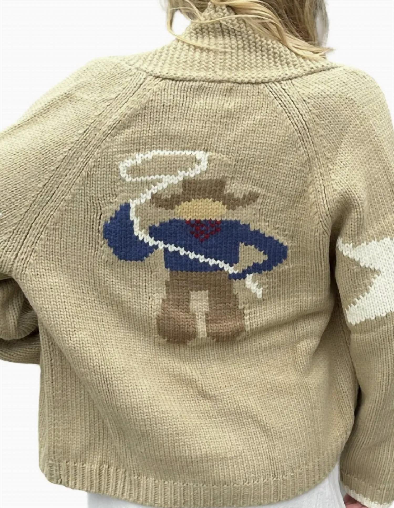 Pink PINEAPPLE Vintage Cowboy Varsity Cardigan in camel - women's cardigan - detail view
