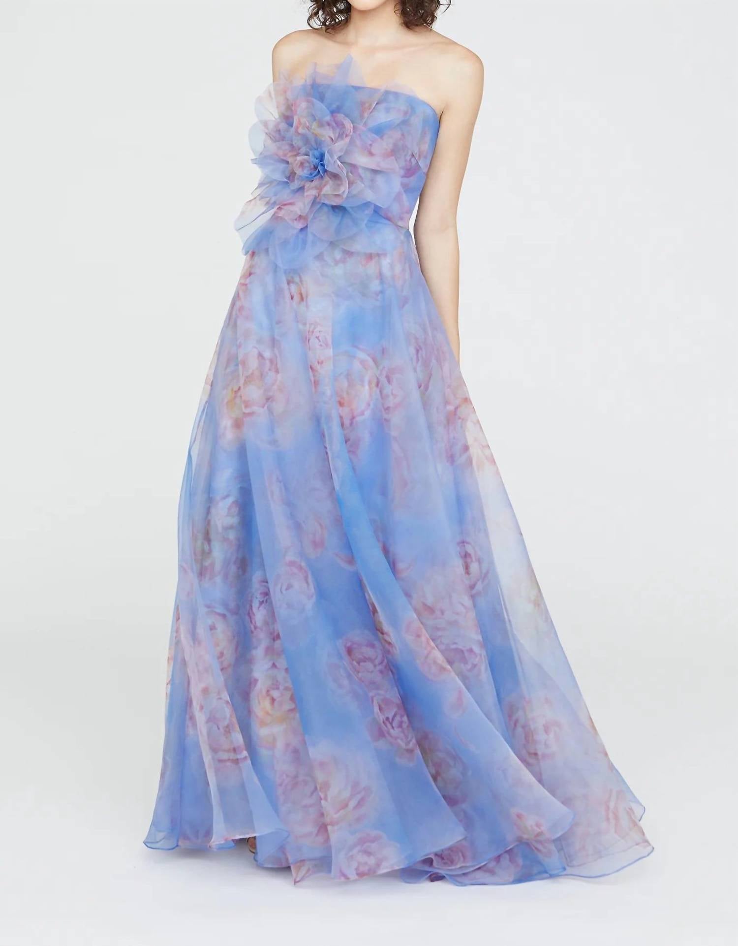 Theia - Kimberley Strapless Printed Organza Gown