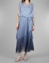 Komarov - Komarov Ombre Cowl Neck Tiered Chiffon Ruffle Dress - Violet Blue