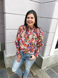 First Love - Floral Print Smocked Tie Back Chiffon Blouse