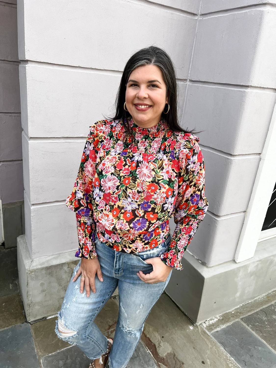 First Love - Floral Print Smocked Tie Back Chiffon Blouse