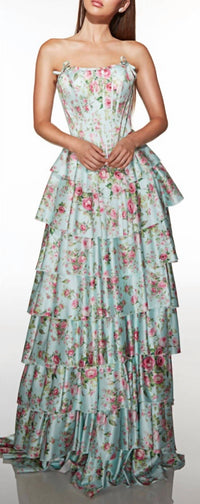 ALYCE PARIS Ruffle satin ballgown in tiffany multi - women's dress
