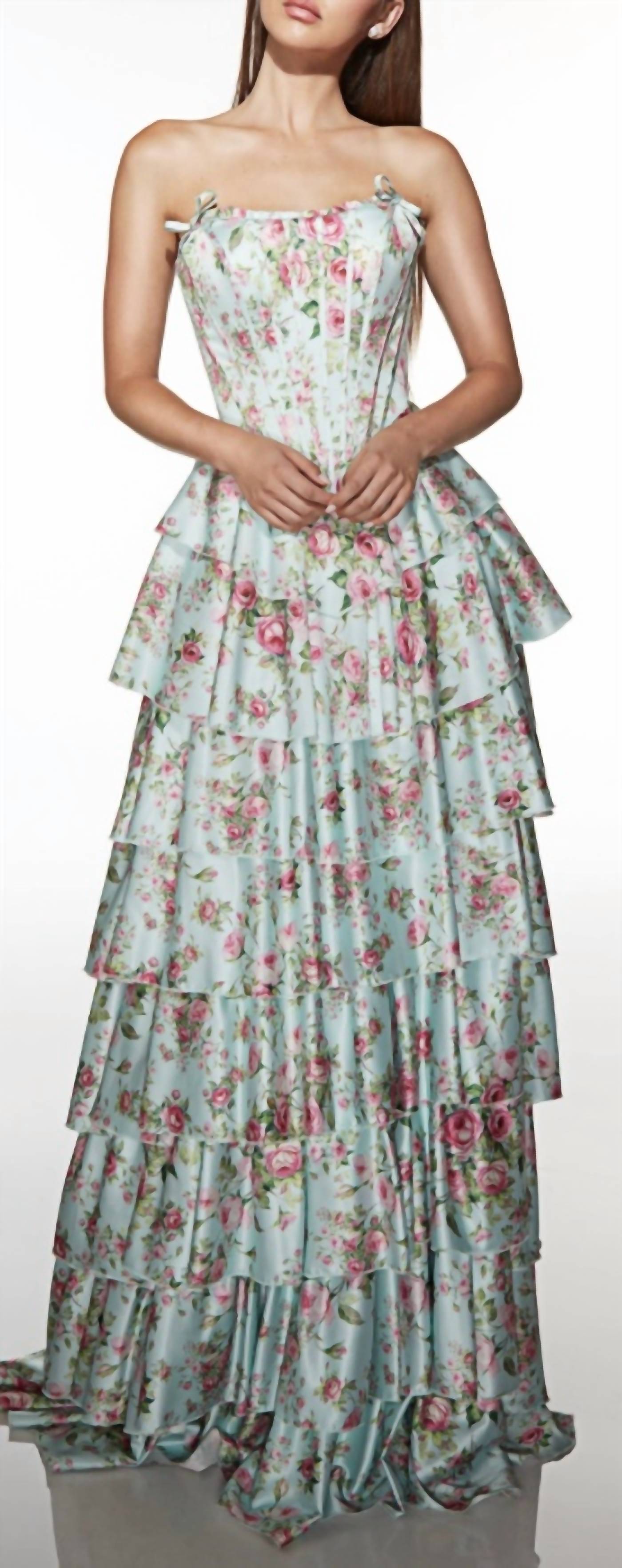 ALYCE PARIS Ruffle satin ballgown in tiffany multi - women's dress