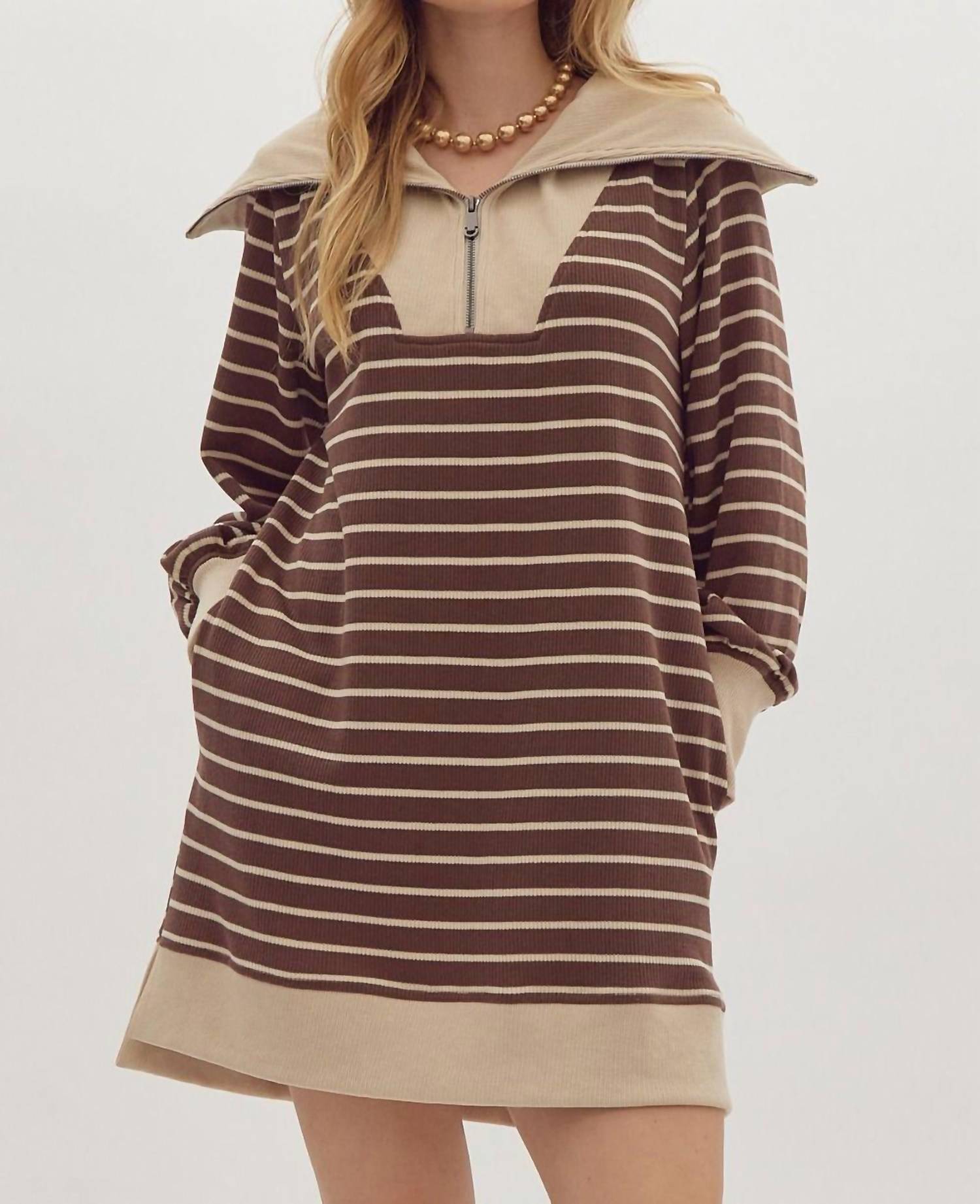 Entro - Ribbed Zip Up Long Sleeve Mini Dress
