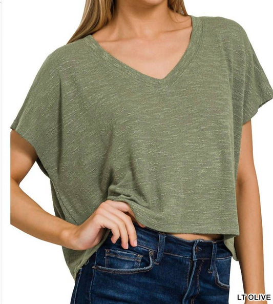 Zenana - Women's V Neck Slub Hacci Crop Top