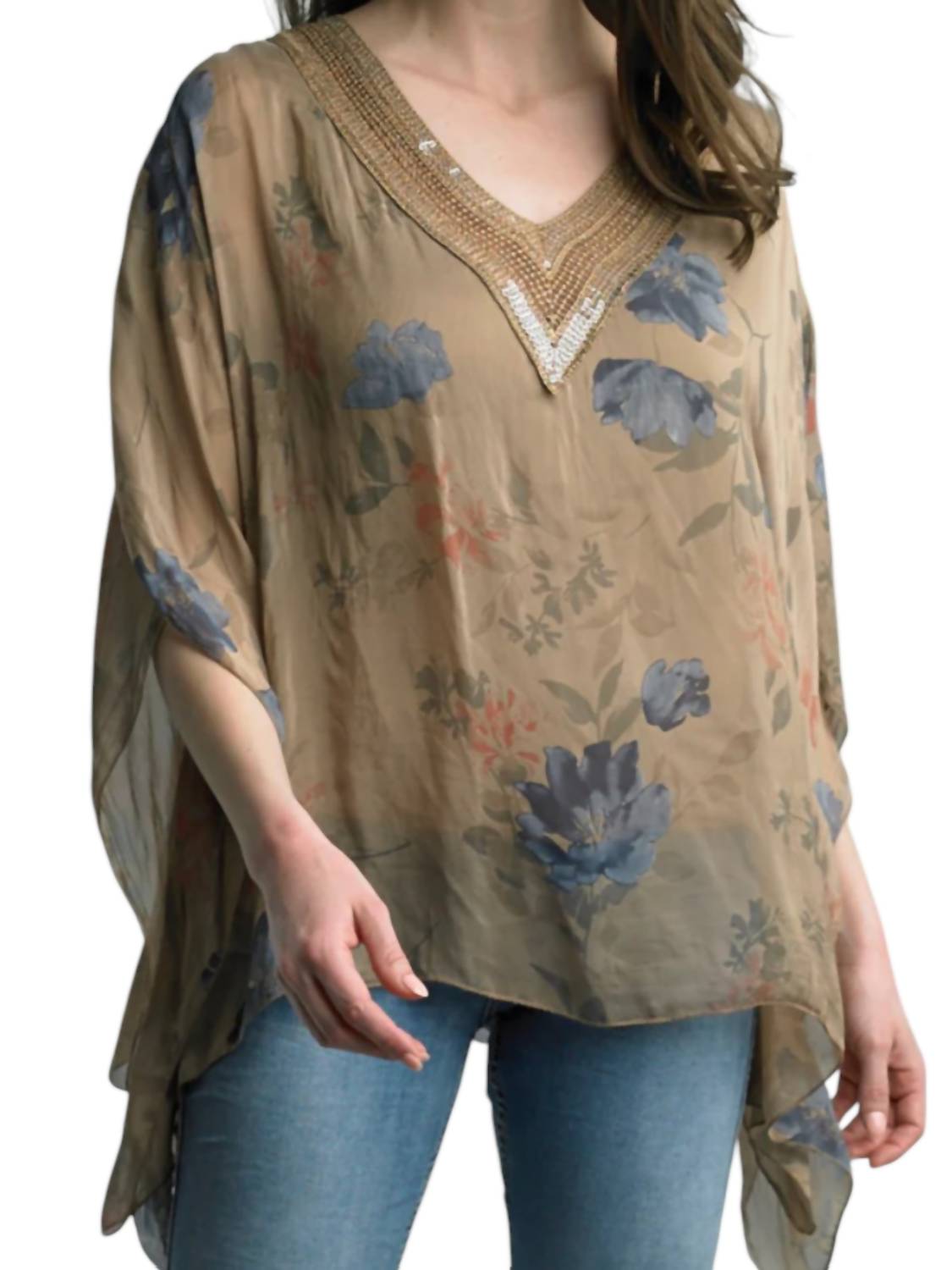 Tempo Paris - Crochet Silk Print Poncho
