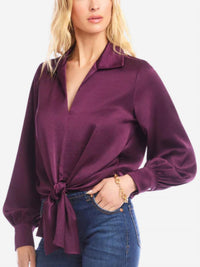Karen Kane Satin Tie Front Top in eggplant - women's blouse - alternate view