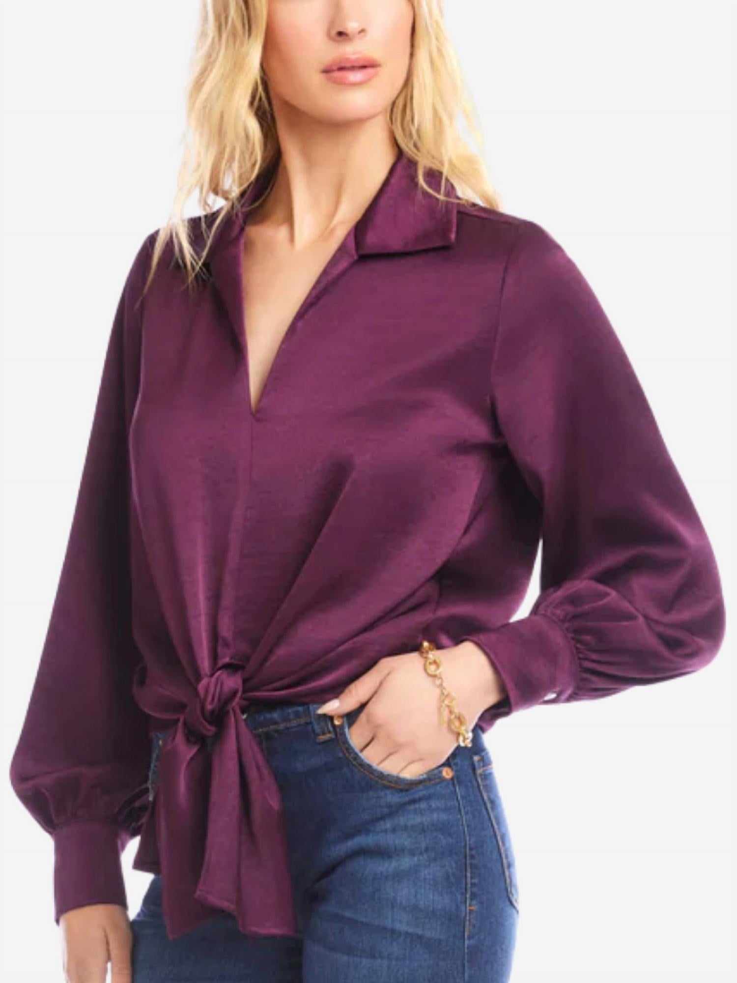 Karen Kane Satin Tie Front Top in eggplant - women's blouse - alternate view
