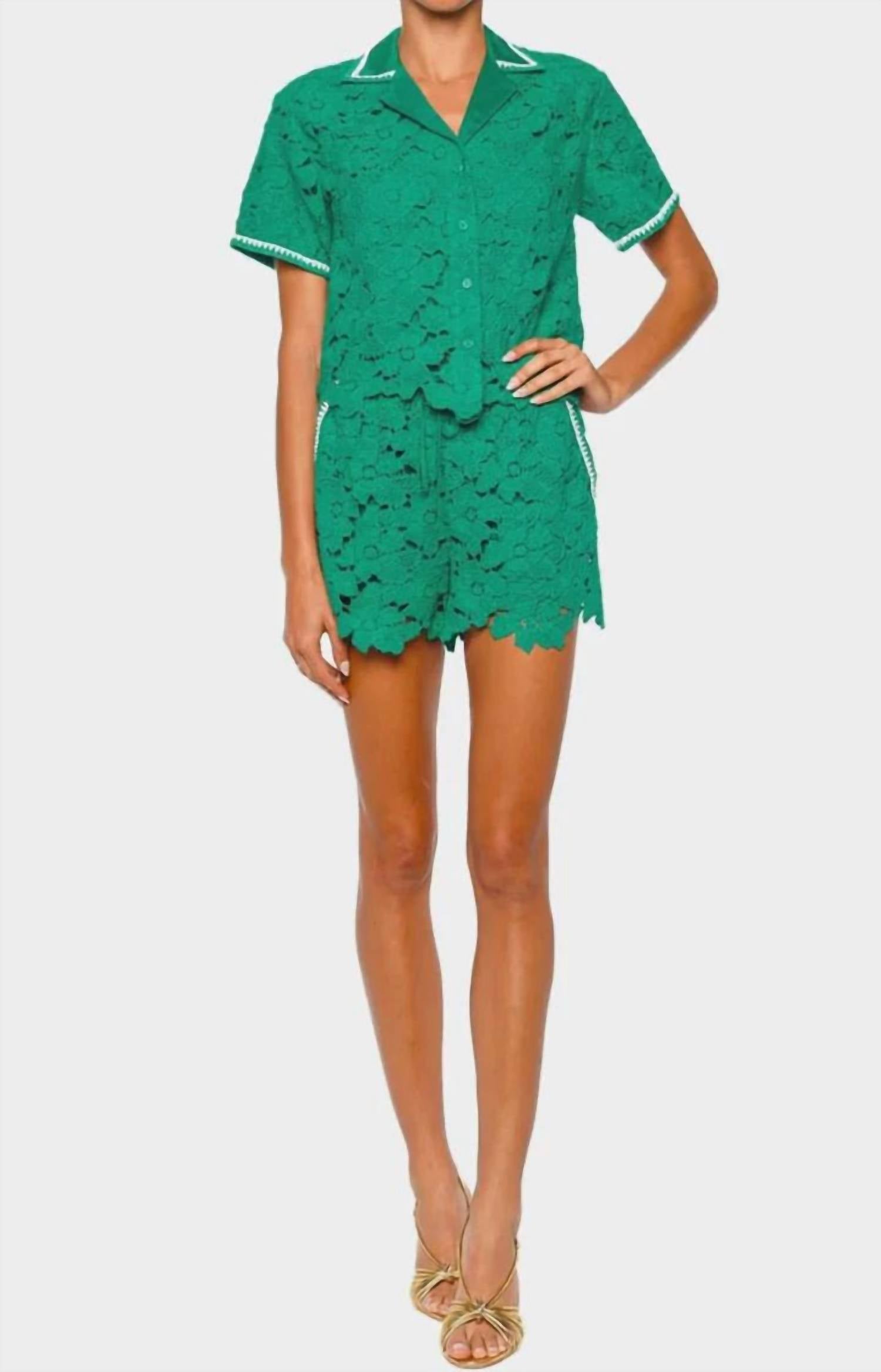 JONATHAN SIMKHAI GLENN LACE CAMP SHIRT in kelly green - women's shirt - detail view
