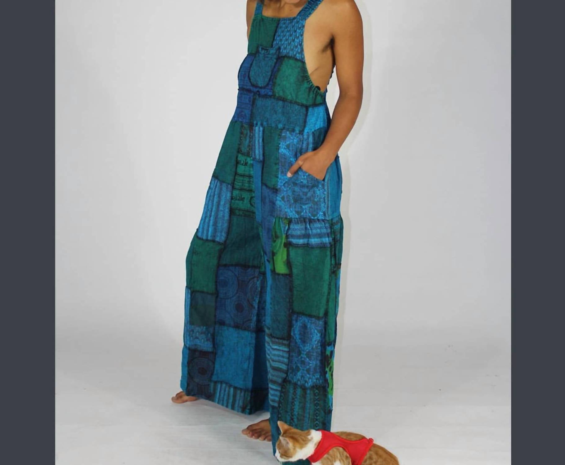 Jayli Baggy Patchwork Overalls in blue - women's pants - alternate view