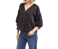 Karen Kane Lantern Sleeve Crystal Rhinestone Button Satin Top in black - women's blouse - detail view