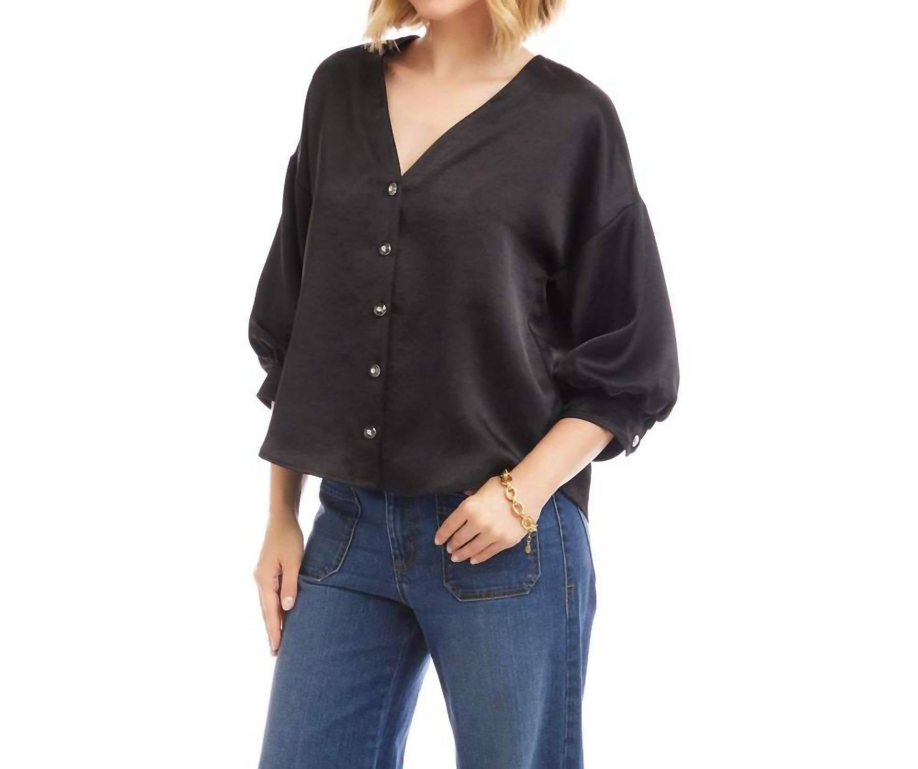 Karen Kane Lantern Sleeve Crystal Rhinestone Button Satin Top in black - women's blouse - detail view