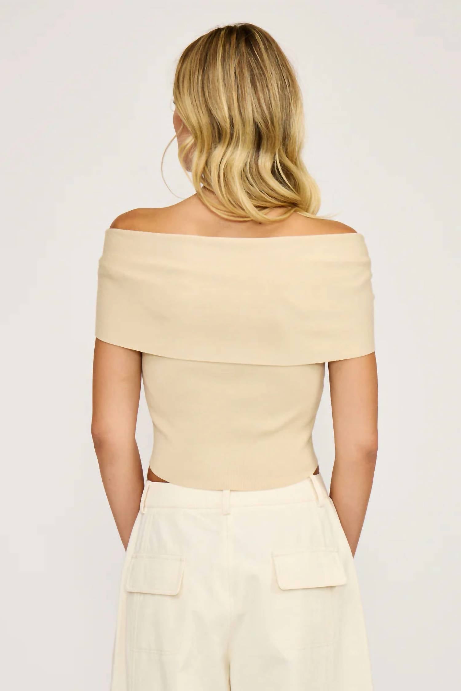 LUCY PARIS Jaya Off the Shoulder Top in beige - women's blouse - detail view