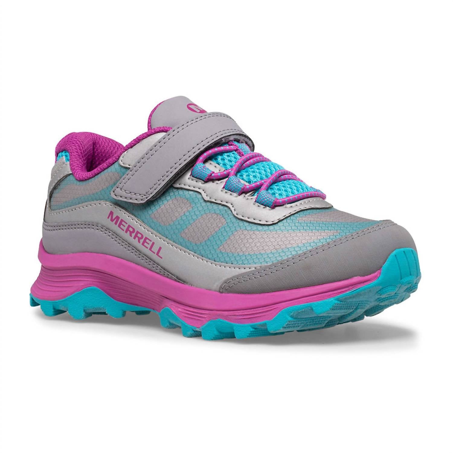 MERRELL Little Kid's Moab Waterproof Versatile Hiker & Sneaker in grey turq - kids' sneaker - detail view